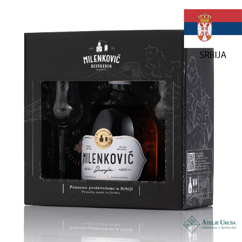 Milenkovic Rakija Od Dunja 5god. 0,7l + 2 čaše